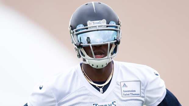 Tennessee Titans wide receiver Julio Jones (2) rests between drills during practice at Saint Thomas Sports Park Thursday, June 10, 2021 in Nashville, Tenn.